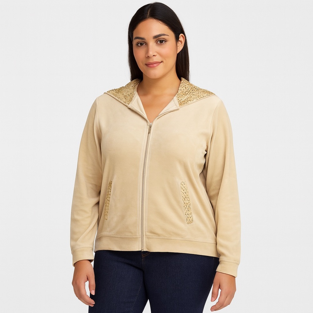 KAK TUS Zip-Up Hoodie Beige Velour Gold Sequin Details Size XL (Fits Like L)